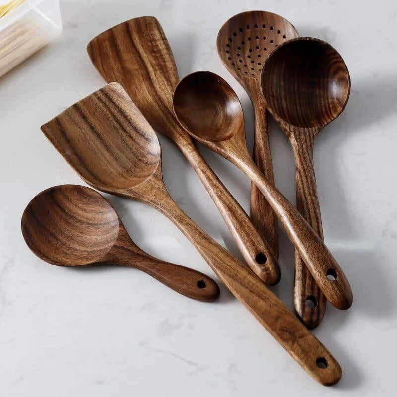 Kit Utensílios de Cozinha 7 Peças de Madeira Lenogue