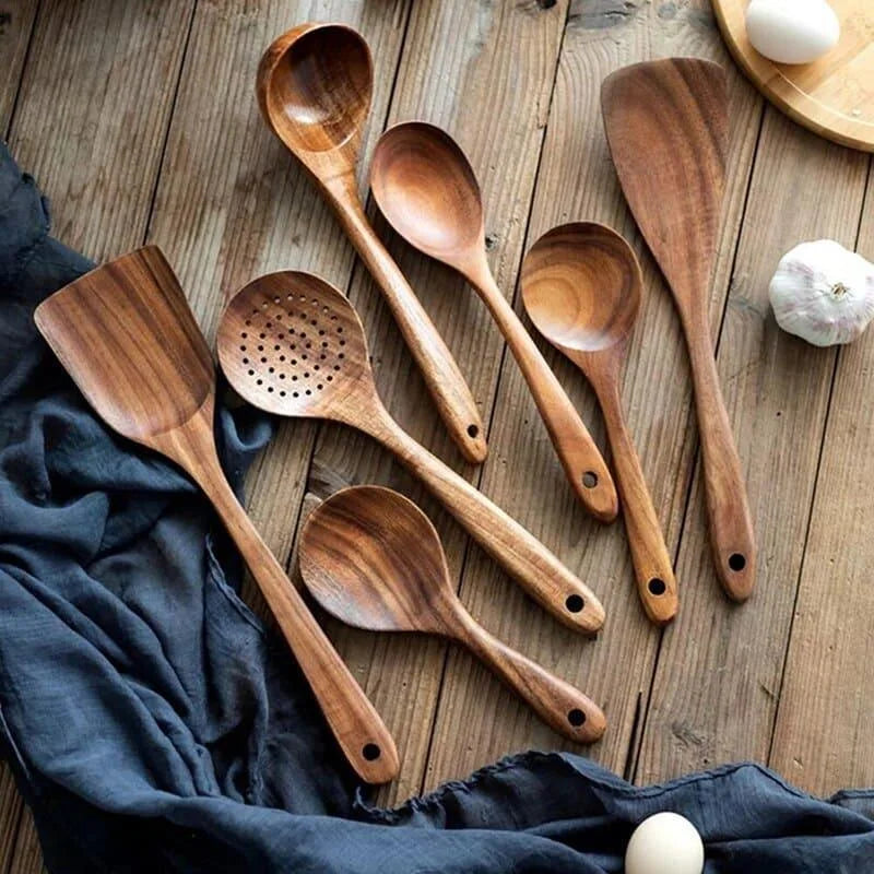 Kit Utensílios de Cozinha 7 Peças de Madeira Lenogue