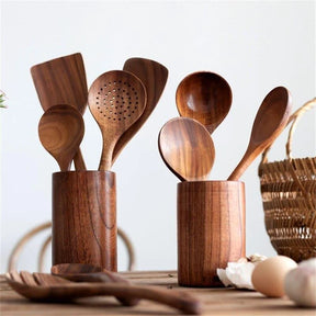 Kit Utensílios de Cozinha 7 Peças de Madeira Lenogue