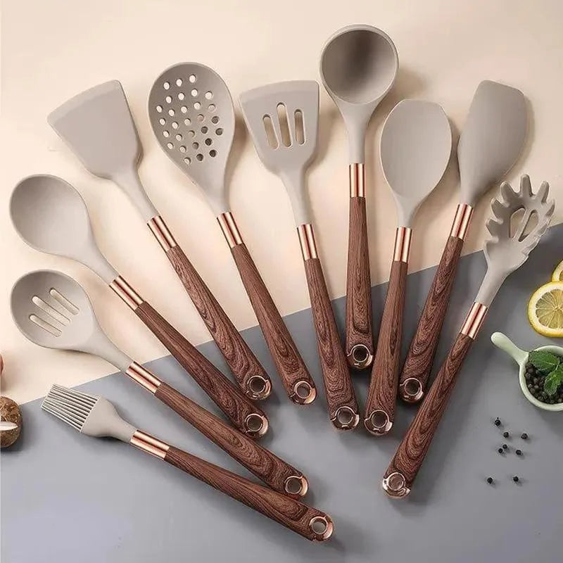 Kit Utensílios de Cozinha Silicone 10 Peças com Organizador Rosé Lenogue