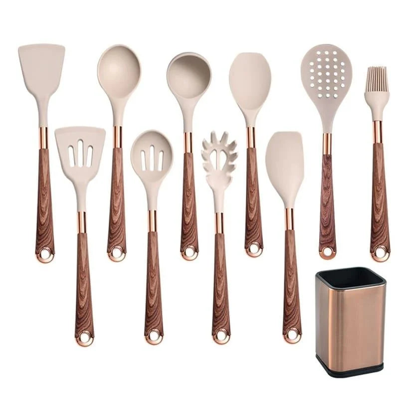 Kit Utensílios de Cozinha Silicone 10 Peças com Organizador Rosé Lenogue