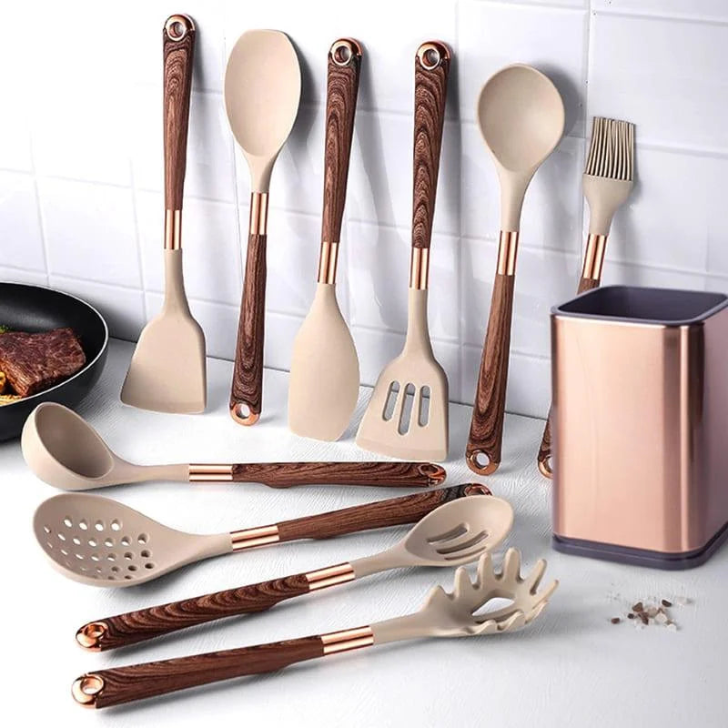 Kit Utensílios de Cozinha Silicone 10 Peças com Organizador Rosé Lenogue