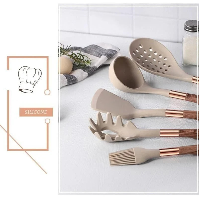 Kit Utensílios de Cozinha Silicone 10 Peças com Organizador Rosé Lenogue