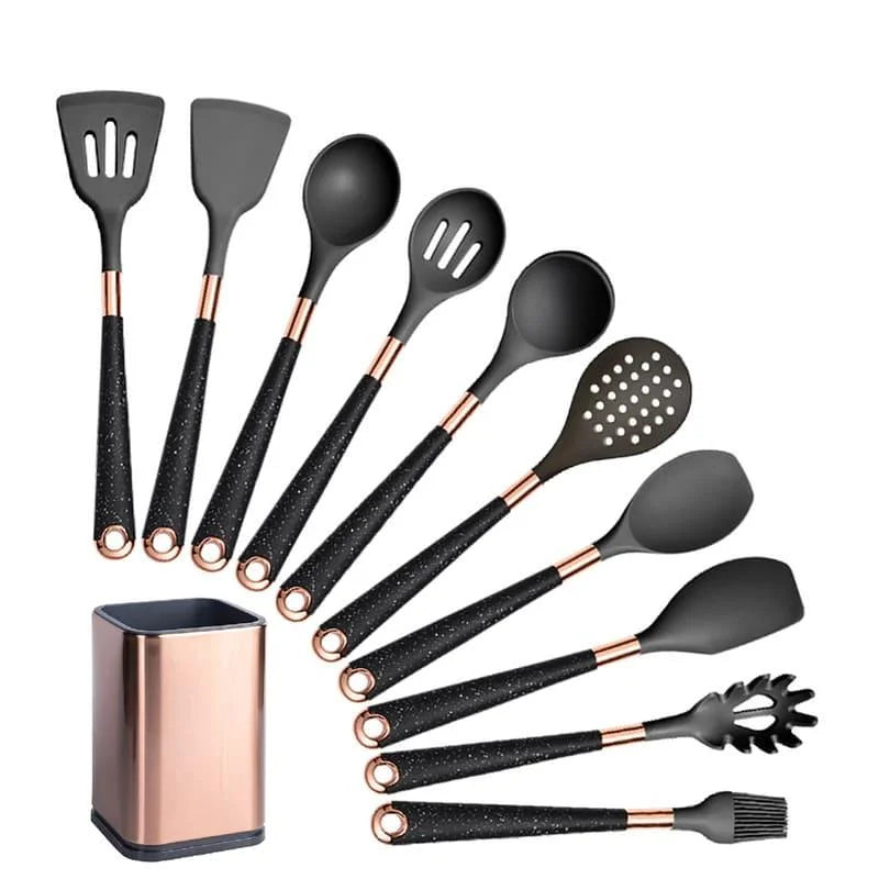 Kit Utensílios de Cozinha Silicone 10 Peças com Organizador Rosé Lenogue